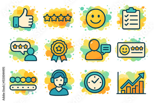 Vibrant customer feedback and satisfaction icons with positive ratings