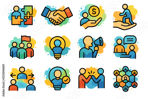 Colorful business icons illustrating teamwork, innovation, communication, leadership