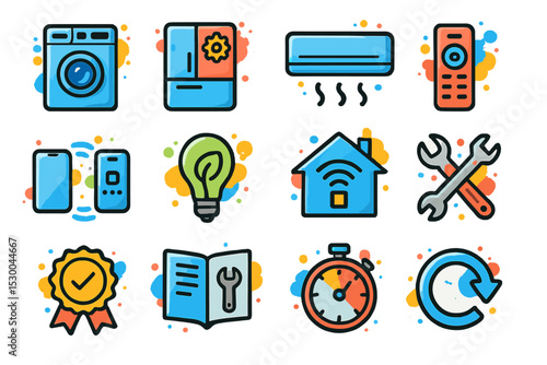 Home appliance icons with smart technology and repair tools