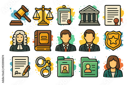 Colorful legal icons featuring justice, lawyers, contracts, and law enforcement