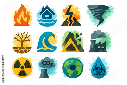 Colorful icons representing various natural and environmental disasters