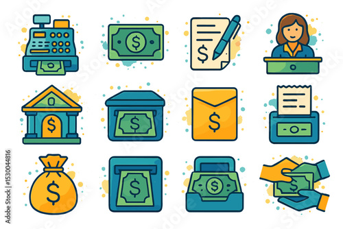 Financial icons set: bank, money, payment, cash, transactions
