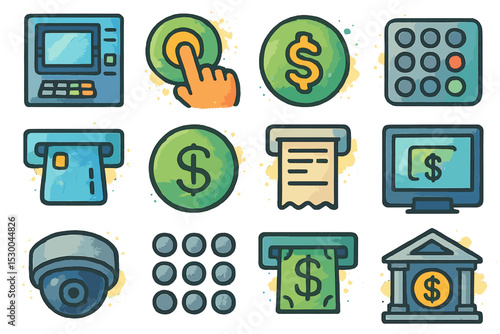 Atm banking icons: dollar, touchscreen, receipt, security, currency symbols