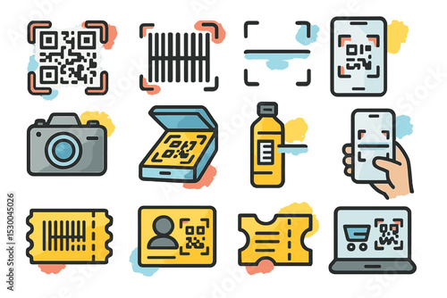 Barcode and qr code scanning technology icons set