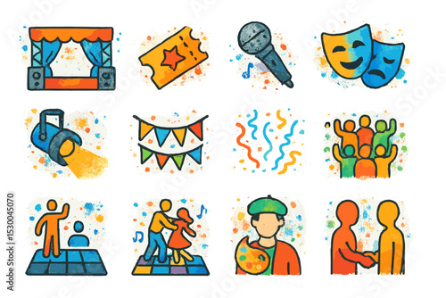 Colorful artistic icons of performing arts and creative activities