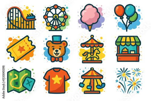 Amusement park icons: ferris wheel, carousel, cotton candy, balloons, fireworks
