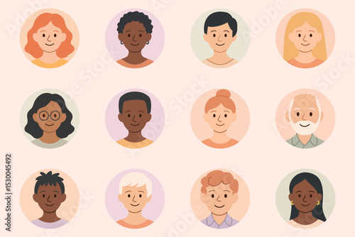 Diverse cartoon avatars set of people different ages and ethnicities smiling isolated on pastel backgrounds
