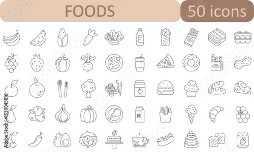 Minimal line food icon set featuring fruits, vegetables, snacks, and drinks. Perfect for UI, packaging, menus, and healthy lifestyle designs. Modern, clean, and versatile.