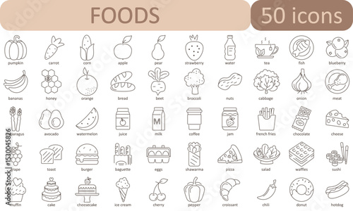 A clean line-art set of 50 food icons including fruits, vegetables, drinks, and snacks. Perfect for apps, packaging, and culinary projects. Minimal and modern vector design.
