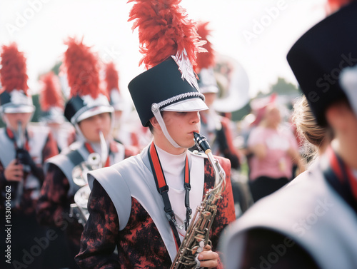 marching band music performer high school event parade instrument player in uniform