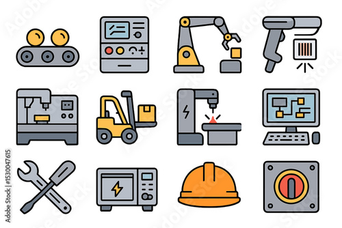 Industrial automation tools and machines icons set with forklift and robotics