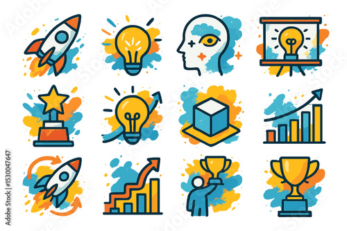 Creative innovation icons: rocket, lightbulb, trophy, brainstorming, growth chart