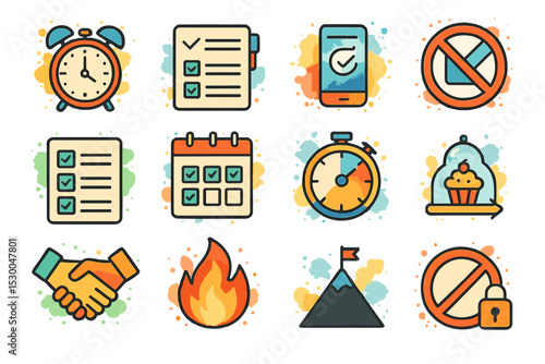 Colorful icons of time management, goals, and restrictions