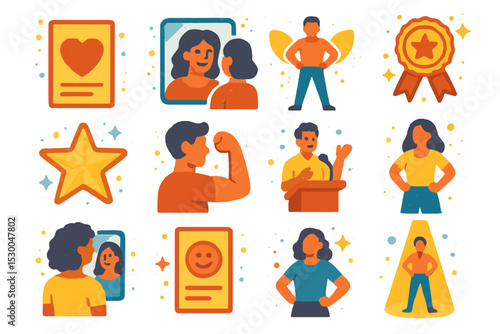 Confidence and self-esteem icons with diverse characters in various scenarios