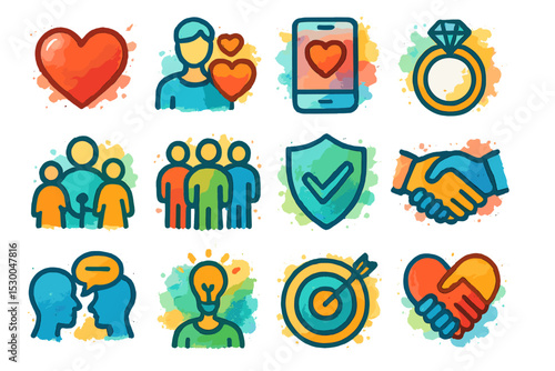 Colorful relationship and community icons with hearts and symbols