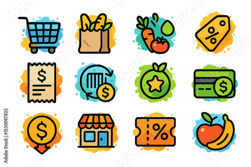 Colorful shopping and discount icons with grocery cart and food items