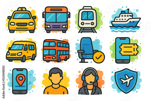 Colorful transportation icons: bus, train, taxi, plane, ship, tickets