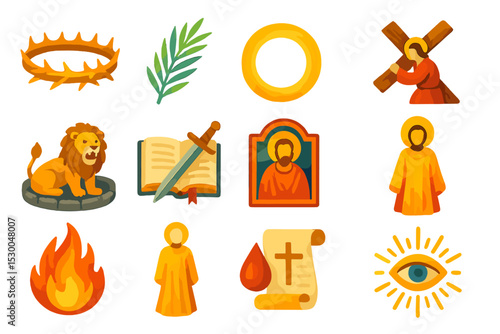 Religious symbols and figures in colorful illustrated grid