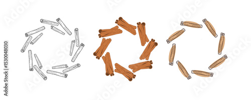 Freehand Round cinnamon Frame set, Wreaths. Doodle cinnamon vector illustrations. Seasoning for food and drinks. Organic product sketch for packaging, sale, shop sign. Flavor cooking ingredient.