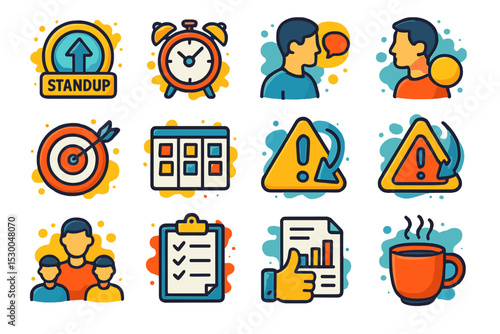 Standup meeting icons: target, chart, alarm, conversation, coffee, warning signs