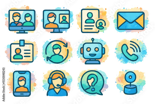 Colorful customer service icons set featuring communication tools