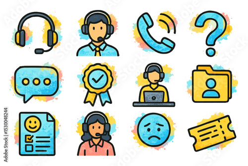 Colorful customer service icons with headsets, phones, and support symbols