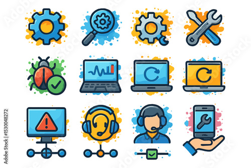 Colorful technical support and maintenance icons on gradient background