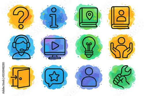 Colorful icons set featuring maps, books, lightbulb, and communication symbols