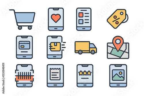 E-commerce icons: shopping cart, delivery, payment, rating, location, heart