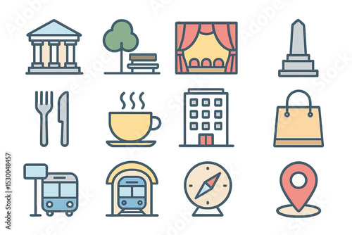 Colorful icon set representing various city services and amenities