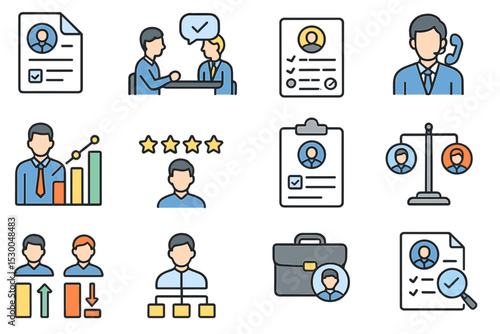 Business icons set featuring interviews, analytics, and diverse professions