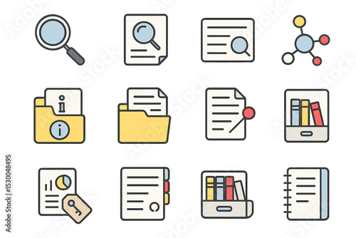 Colorful document and folder icons with magnifying glass and books