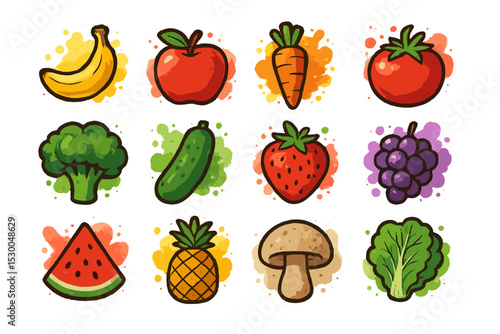 Colorful cartoon fruits and vegetables on textured background