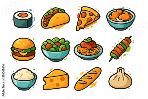 Colorful illustration of various foods including pizza, sushi, and burgers