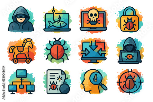 Cybersecurity icons featuring malware, hackers, and threats in abstract style
