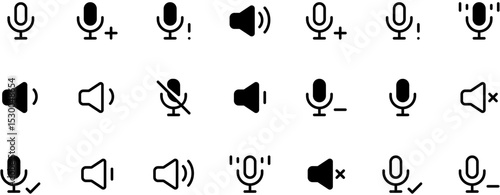 Minimalist black vector icons of microphones and speakers with volume levels for UI design, featuring simple monochrome shapes on white background