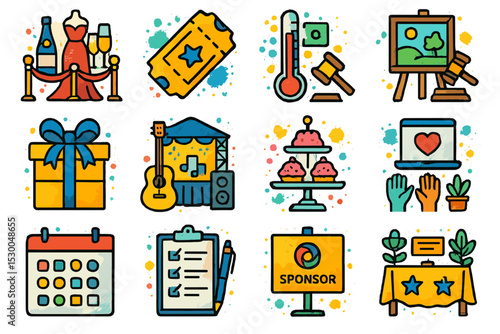 Colorful icons representing charity fundraising and event planning concepts
