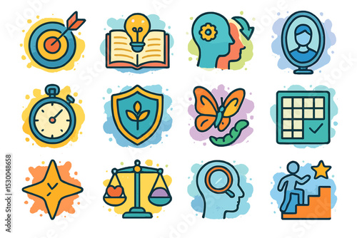 Illustrated icons: growth, success, learning, reflection, balance