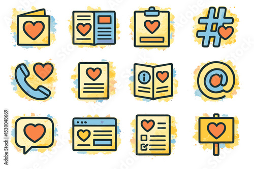 Colorful heart-themed communication icons in watercolor style