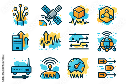 Technology icons illustrating communication and network concepts