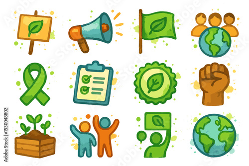 Environmental activism icons with plants, earth, and diverse community symbols