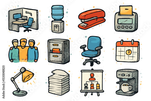 Hand-drawn office icons: furniture, equipment, and supplies collection