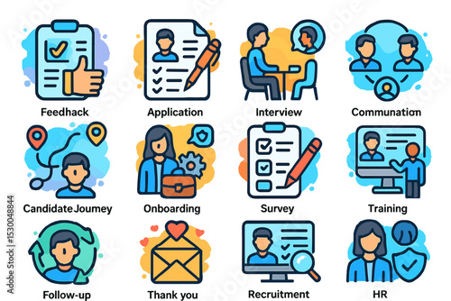 Human resources icons: interview, application, training, recruitment, onboarding
