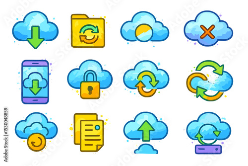 Colorful cloud computing icons for syncing and downloading