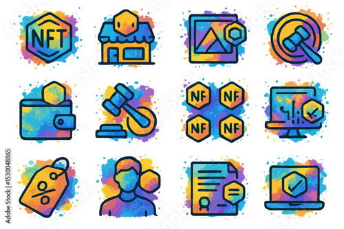 Colorful digital nft icons - art, wallet, auction, profile, certificate, laptop