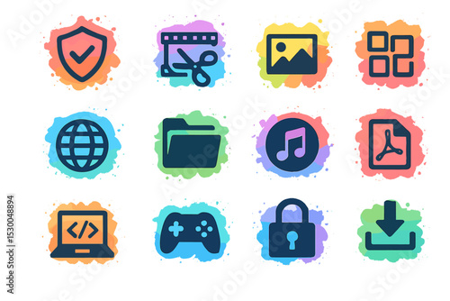 Colorful digital icon set representing various file and tool functions