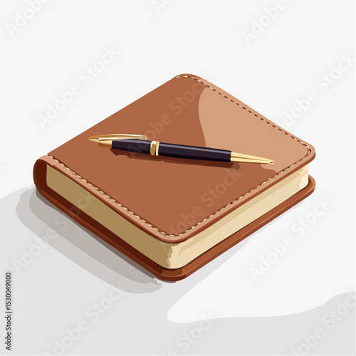 Minimal vector of a brown leather notebook with pen placed on top, crisp and centered.