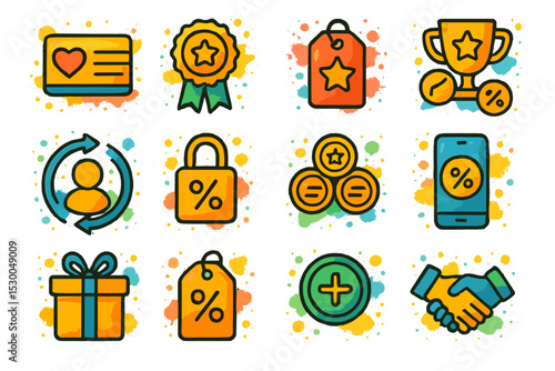 Colorful loyalty program icons with rewards, discounts, and gifts