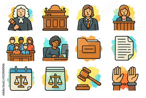 Legal icons set featuring judge, lawyer, jury, gavel, documents, and courtroom scenes