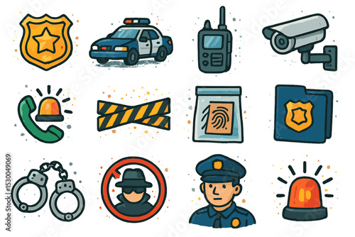 Cartoon police icons set with car, badge, officer, handcuffs, camera, radio
